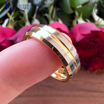 New Yellow Gold Color 6MM 8MM Center Groove Beveled Polished Finish Comfort Fit Tungsten Nice Engagement Wedding Rings for Men and Women - The Jewellery Supermarket